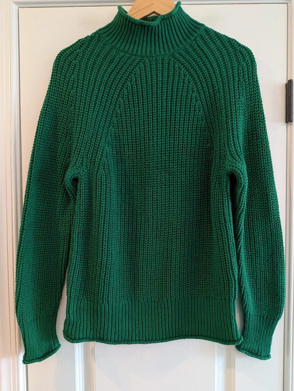 J. Crew Relaxed Rollneck Sweater Green Knit Preppy Fisherman Cotton Size S